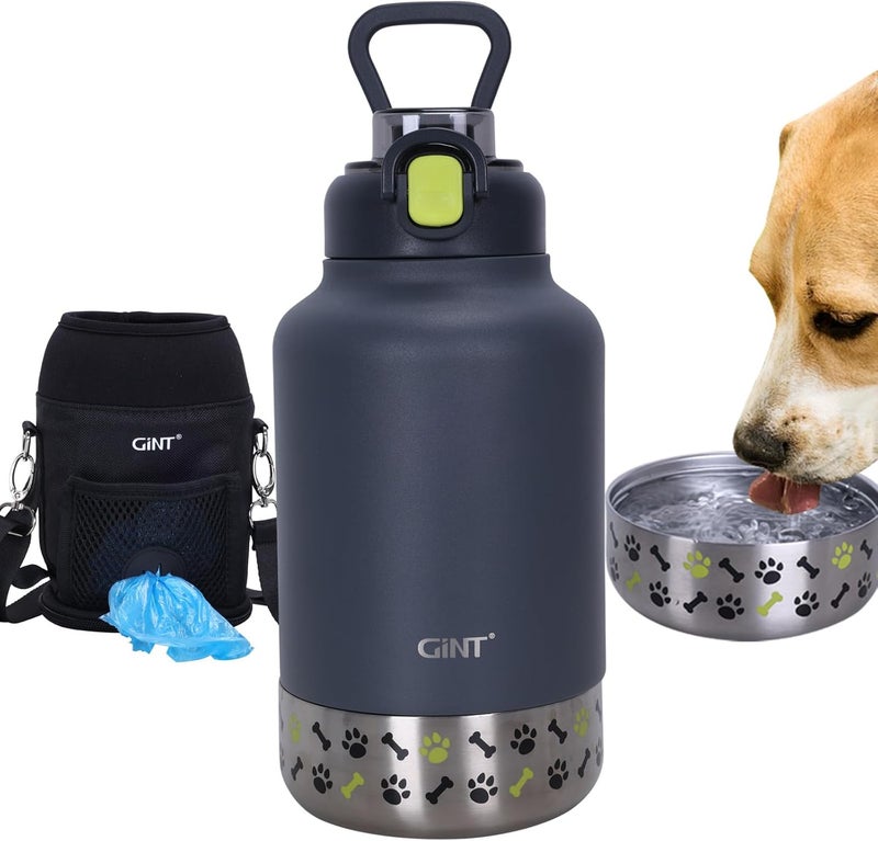 GiNT 37oz Insulated Stainless Steel Dog & Human Water Bottle | Leakproof Travel Dispenser with Detachable 10oz Bowl, 24H Cold/12H Hot, Carrying Case for Walking, Hiking, Camping & Outdoor Travel - Image 1